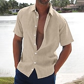 billiga Semester-Herr linneskjorta Sommarskjorta Standkläder Knapp upp skjorta Ensfärgat Semester Curise Svart Vit Rosa Blå Kortärmad Nedvikt Sommar Kläder Button-Down
