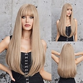 economico Parrucche trendy sintetiche-parrucca bionda ombre lunga dritta con frangia radice scura capelli lunghi con frangia aspetto naturale parrucca sintetica resistente al calore festa di gioco quotidiana adatta a donne alla moda 20