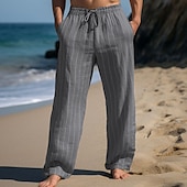 cheap Holiday-Men&#039;s Linen Pants Trousers Summer Pants Drawstring Elastic Waist Straight Leg Stripe Comfort Breathable Outdoor Daily Going out Fashion Casual Sky Blue Khaki