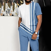 billige T-skjorter med trykk for menn-Herre Grafisk Fargeblokk 2stk T-skjorter sett T-skjorte sett Kortermet Lange bukser Crew-hals Designer Fritid Bekvem utendørs Feriereise Daglig 3D-utskrift Vår sommer Blå Kakifarget Mørkeblå