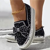 abordables Zapatillas de mujer-Zapatillas sin cordones con brillantes diamantes de imitación para mujer: mocasines con plataforma y lazo con purpurina para fiestas, ropa informal y de calle