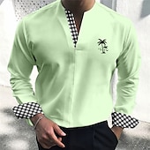 preiswerte Businesshemden für Herren-Herren Kokosnussbaum Plaid / Karomuster Tropische Pflanzen Hemd Hawaiihemd Sommerhemd Langarm Hemd V Ausschnitt Modisch Strassenmode Designer Outdoor Strasse Casual Weiß Blau Grün S M L