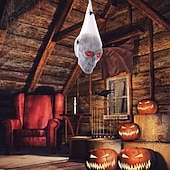 abordables Iluminación de Props de Halloween-Decoraciones de Halloween, calavera con ojos iluminados, esqueleto colgante dentro de una telaraña para decoración de casas embrujadas de Halloween para interiores y exteriores