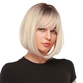 levne Syntetické trendy paruky-blonďatá bobová paruka s ofinou 13 krátkých bobových paruk pro ženy krátká blonďatá paruka s tmavými kořínky tepelně odolná syntetická paruka přírodní hledá pro každodenní párty a cosplay