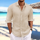 cheap Vacation-Men&#039;s Linen Shirt Summer Shirt Beach Wear Casual Shirt Button Up Shirt Plain Casual Daily Light Yellow White Pink Dark Navy Long Sleeve Spring &amp; Summer Clothing Apparel