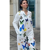 billige Kunst og Design Kjole-Kvinners Maxi Kjole Shift Kjole Sving Kjole Lang Kjole Grønn Blå Grå Hvit Svart Lang Ermeløs Fjær Sommerfugl Lomme Print Sommer Vår V Utringning Stilfull Fritids Kjole 2023 S M L XL XXL XXXL 4XL 5XL