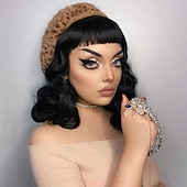 abordables Perruques historiques-Perruques vintage pour femmes courte perruque noire avec franges mi-longue résistante à la chaleur perruques bouclées courtes pour cosplay et usage quotidien perruques Halloween