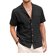 ieftine Business Casual-Bărbați cămașă de in Cămașă de vară Cămașă de plajă Camașă cu nasturi Simplu Vacanță Hawaiian Negru Alb Roz Îmbujorat Albastru piscină Manșon scurt Rever Primavara vara Îmbrăcăminte De Bază
