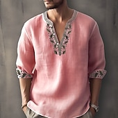 cheap Ethnic Pattern-Men&#039;s Ethnic Shirt Linen Shirt Long Sleeve Fashion Streetwear Designer Outdoor Daily Going out Spring &amp; Summer Stand Collar Print Yellow Light Green Pink Red Navy Blue