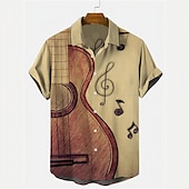 cheap Music and Guitars-Men&#039;s Vintage Music Notes Shirt Button Up Shirt Short Sleeve Fashion Streetwear Designer Outdoor Daily Summer Spring Turndown Print Black White Yellow Wine Blue