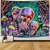 baratos tapeçarias de parede de halloween-Tecido de Halloween com Crânio Esqueleto Blacklight UV Reativo Estampa Psicodélica Cogumelo Pendurado Tecido de Parede Mural para Sala de Estar Quarto Decorações