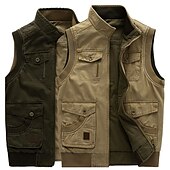 cheap Men&#039;s Vest-Men&#039;s Gilet Daily Wear Vacation Going out Fashion Casual Spring &amp;  Fall Multi Pocket 95% Cotton Comfortable Plain Zipper Stand Collar Regular Fit khaki Army Green Vest