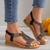 baratos Sandálias de Férias-sandálias rasteiras femininas com strass dourados e tira elástica – sapatos de verão elegantes e confortáveis para uso casual e de festa