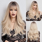 economico Parrucche trendy sintetiche-parrucca bionda ombre lunga dritta con frangia radice scura capelli lunghi con frangia aspetto naturale parrucca sintetica resistente al calore festa di gioco quotidiana adatta a donne alla moda 20
