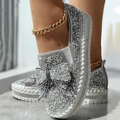 abordables Zapatillas de mujer-Zapatillas sin cordones con brillantes diamantes de imitación para mujer: mocasines con plataforma y lazo con purpurina para fiestas, ropa informal y de calle