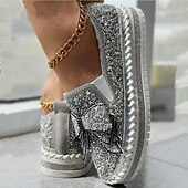 abordables Zapatillas de mujer-Zapatillas sin cordones con brillantes diamantes de imitación para mujer: mocasines con plataforma y lazo con purpurina para fiestas, ropa informal y de calle