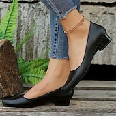 abordables Sandalias planas de mujer-Zapatos negros de tacón bajo para mujer: zapatos clásicos sin cordones con punta redonda para la oficina, el trabajo y ocasiones formales.