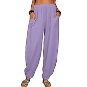 cheap Plain Cotton Linen Pant-Women&#039;s Cotton Linen Pants Baggy Pants Harem Pants Comfort Solid Color Pocket Elastic Waist Causal Black White Army Green Dark Navy Summer Spring Fall
