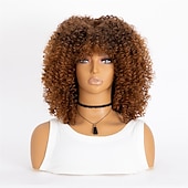 baratos Perucas de festa-perucas afro curtas e cacheadas com franja para mulheres negras perucas afro marrom crespo e cacheado para mulheres negras perucas sintéticas resistentes ao calor perucas marrons fofas perucas de