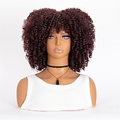 baratos Perucas de festa-perucas afro curtas e cacheadas com franja para mulheres negras perucas afro marrom crespo e cacheado para mulheres negras perucas sintéticas resistentes ao calor perucas marrons fofas perucas de