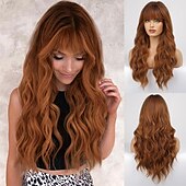 baratos Perucas Sintéticas sem Touca-peruca ombre ruiva com franja peruca longa encaracolada com franja peruca laranja aparência natural peruca sintética resistente ao calor adequada para mulheres da moda