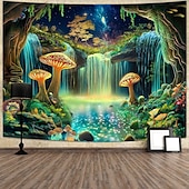 cheap Blacklight Tapestries-Blacklight Tapestry UV Reactive Glow in the Dark Glow Party Neon Mushrooms Psychedelic Trippy Misty Hanging Tapestry Wall Art Mural for Living Room Bedroom