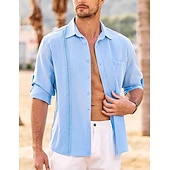 cheap Vacation-Men's Shirt Guayabera Shirt Linen Shirt Button Up Shirt Summer Shirt Beach Shirt Black White Navy Blue Long Sleeve Plain Turndown Spring &amp; Summer Casual Daily Clothing Apparel Patchwork