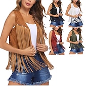 abordables Hauts-Rétro Vintage Franges Années 1960 Gilet en daim Déguisement Années 70 Femme Tenues Années 70 Hippie Frange à pompons Couleur Unie Femmes Carnaval Fête Décontracté Quotidien Foire de la Renaissance