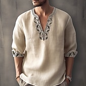 cheap Ethnic Pattern-Men&#039;s Ethnic Shirt Linen Shirt Long Sleeve Fashion Streetwear Designer Outdoor Daily Going out Spring &amp; Summer Stand Collar Print Yellow Light Green Pink Red Navy Blue