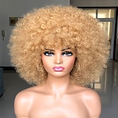 levne Karnevalové paruky-krátká afro paruka s ofinou pro černé ženy afro výstřední kudrnatá paruka 70. léta prémiová syntetická velká afro paruka