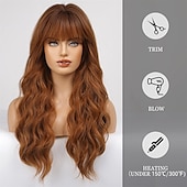 baratos Perucas Sintéticas sem Touca-peruca ombre ruiva com franja peruca longa encaracolada com franja peruca laranja aparência natural peruca sintética resistente ao calor adequada para mulheres da moda