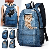 cheap Printed Backpacks-3D Cat Print Denim Backpack for Kids – Cute Animal School Bag with Large Capacity and Fun Design for Boys and Girls
