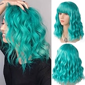 baratos Perucas de Carnaval-Perucas Laranja Vermelha para Mulheres Curta Ondulada Bob com Franja Peruca Cacheada Ruiva Comprimento até o Ombro Cabelo Vermelho Cobre 14 Polegadas Peruca Sintética Colorida para Cosplay Uso Diário