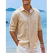 cheap Vacation-Men's Shirt Guayabera Shirt Linen Shirt Button Up Shirt Summer Shirt Beach Shirt Black White Navy Blue Long Sleeve Plain Turndown Spring &amp; Summer Casual Daily Clothing Apparel Patchwork