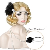 baratos Perucas Históricas-Peruca de Flapper dos Anos 1920 Cacheada com Faixa Peruca Vintage Cacheada dos Anos 20 Cabelo de Fantasia Halloween