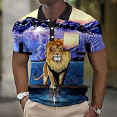 halpa Miesten vintage poolo-Miesten Leijona Graafiset tulosteet Risti Vohveli poolopaita Poolopaita Lapel Polo Button Up Polos Golfpaita Lyhythihainen Paita Sänkyjen avaus ulko- Katu Vaalean keltainen Musta Keltainen Rubiini