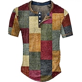 tanie Geometryczny-Męskie Graficzny Kratka Kolorowy blok Koszula Henley z waflami Krótki rękaw Druk 3D Zabytkowe Moda Designerskie Na zewnątrz Codzienny Lato Żółty Czerwony Niebieski Zielony Ciemnoniebieski Henley