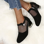 cheap Ankle Boots-Women&#039;s Mesh Panel Chunky Heel Dress Shoes - Elegant Black Formal Pumps with Zipper and Ring Detail