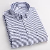 cheap Men&#039;s Oxford Shirts-Men&#039;s Dress Shirt Striped Shirt Button Down Shirt Non Iron Shirt Oxford Shirt Plaid / Striped / Chevron / Round Wedding Office &amp; Career Light Blue White Dark Navy Navy Blue Long Sleeve Shirt Collar