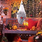 abordables Iluminación de Props de Halloween-Decoraciones de Halloween, calavera con ojos iluminados, esqueleto colgante dentro de una telaraña para decoración de casas embrujadas de Halloween para interiores y exteriores