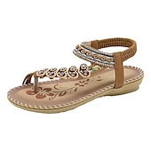 cheap Vacation Sandals-Women&#039;s Bohemian Beaded Sandals - Handmade Floral Embellished Flat Sandals for Summer Beach and Casual Wear