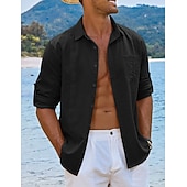 cheap Vacation-Men's Shirt Guayabera Shirt Linen Shirt Button Up Shirt Summer Shirt Beach Shirt Black White Navy Blue Long Sleeve Plain Turndown Spring &amp; Summer Casual Daily Clothing Apparel Patchwork