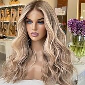 levne Paruky z přírodních vlasů se síťkou ofina-neupravené panenské vlasy 13x4 krajka přední paruka vrstvený střih brazilské vlasy vlnité blond vícebarevná paruka 130% 150% hustota s dětskými vlasy melírované / balayage vlasy 100% panenské pro