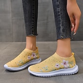 voordelige Damessneakers-Witte slip-on damessneakers met bloemenprint en strass-steentjes voor vrijetijdskleding