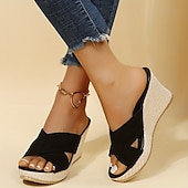 voordelige Sleehaksandalen-damessandalen met sleehak – zwarte suède open teen instapper met gevlochten platform voor zomer-, casual- en strandkleding
