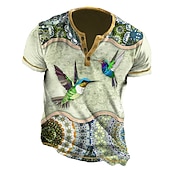 cheap Animal-Hummingbird And Mandala Mens Graphic Shirt Henley Animal Clothing Apparel 3D Print Outdoor Daily Short Sleeve Button Down Designer Ethnic Comfortable Hummingbirds Casual White Cotton Button-