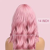 baratos Perucas de festa-Peruca Rosa com Franja de Ar 12 Polegadas Curta Cacheada Ondulada Resistente ao Calor Peruca Bob Feminina Cosplay Festa Comprimento do Ombro para Meninas Uso Diário Peruca Cacheada Com Cores Naturais