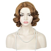 tanie Peruki historyczne-Brązowa falista peruka flapper z lat 1920 peruka vintage palcowa boczny przedział fala z lat 1960 falista peruka kostiumowa peruka (tylko peruki) na Halloween