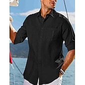 cheap Vacation-Men's Shirt Guayabera Shirt Linen Shirt Button Up Shirt Summer Shirt Beach Shirt Black White Navy Blue Long Sleeve Plain Turndown Spring &amp; Summer Casual Daily Clothing Apparel Patchwork