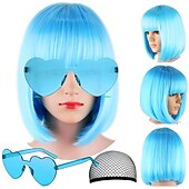 billige Karnevalsparykker-kort bob hår parykker rett med flat smell syntetisk fargerik cosplay daglig fest neon parykk for kvinner (kun parykker)